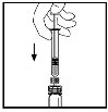 A hand holds a syringe vertically and pushes it downward with an arrow indicating the insertion movement into the vial