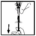 Technical drawing showing two hands gripping a syringe with a black arrow pointing downward, indicating the plunger movement