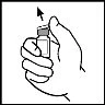 Una mano tiene verticalmente un piccolo flacone di vetro con un tappo, mentre una freccia nera indica un movimento verso l'alto