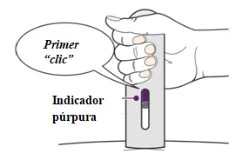 Una mano impugna un dispositivo medico con un indicatore porpora e una nuvoletta che indica il primo clic