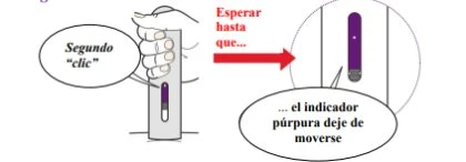 Diagramma che mostra una mano che tiene un dispositivo medico e indica di attendere il secondo clic finché l