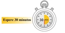 Cronometro stilizzato con quadrante bianco e sezione gialla che indica trenta minuti accanto alla scritta nera su sfondo giallo Attendere 30 minuti
