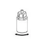 Black and white technical drawing of a cylindrical vial with a cap, featuring a curved arrow at the base indicating a rotational movement