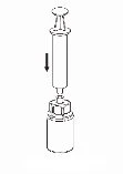 Disegno tecnico di una siringa con stantuffo che viene spinto verso il basso per aspirare il contenuto da un flacone cilindrico sottostante