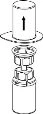 Technical diagram showing the disassembly of components from a medical vial with an arrow pointing downward