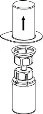 Black and white technical diagram showing the disassembly of a medical device with an upper cylinder, a base, and central components