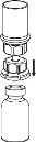 Technical drawing showing the disassembly of a medical device composed of an upper cap, a hexagonal connector, and an underlying vial
