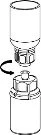 Technical diagram showing the rotational movement of an upper cylindrical component to engage with a lower cylindrical base