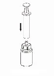 Technical diagram showing the plunger of a syringe being pushed downward into the