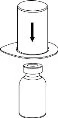Diagram showing a cylinder being pressed downward with a black arrow above a glass vial with a screw cap