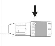 Technical diagram showing a black arrow pointing downward, indicating the top part of a medical device with a circle numbered 2