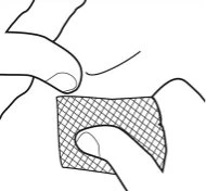 Black line drawing showing two hands applying a rectangular, cross-hatched patch to a skin surface