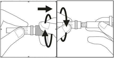 Two diagrams show hands rotating a part of a medical device to screw or unscrew two cylindrical components, with directional arrows