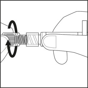 A hand rotates the top part of a medical device with a black circular arrow indicating rotational movement to the left