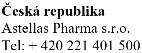 Black text on white background with the words 'Česká republika, Astellas Pharma s.r.o.' and the telephone number +420 221 401 500