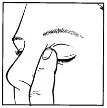 Black and white drawing of a human profile with a finger gently pressing the area between the