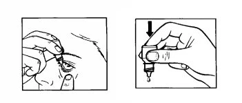 Two drawings show a hand holding a bottle to instill eye drops into the