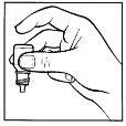 A hand holds a small glass vial to administer drops through a dropper integrated into the cap