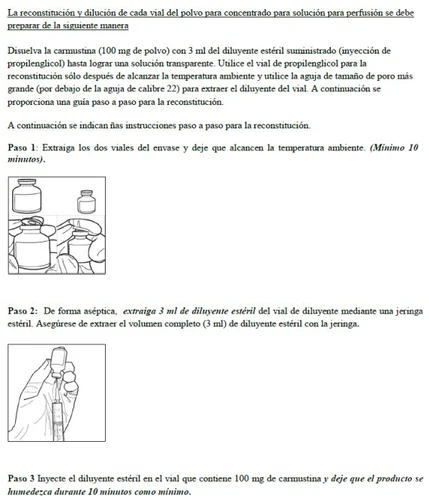 Diagram with instructions for reconstituting the drug: a hand handling two vials and a