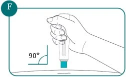 Una mano impugna un dispositivo medico tenendolo in posizione verticale a 90 gradi rispetto alla superficie della pelle per l'