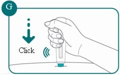 Disegno tecnico di una mano che impugna un dispositivo medico verso il basso con una freccia tratteggiata e la scritta Click