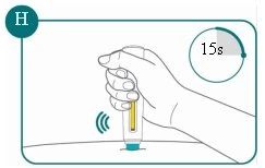 Illustrazione di una mano che tiene un dispositivo medico con un indicatore di tempo di 15 secondi e un simbolo di vibrazione vicino alla base