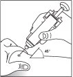 Technical drawing showing a hand holding an autoinjector to inject a drug into the skin at a 45-degree angle