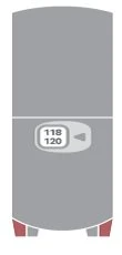 Gray medical device with a central digital display showing the numbers 118 and 120 next to an arrow pointing to the right