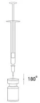 Technical drawing of a syringe with needle positioned above a vial, with indication of 180-degree rotation