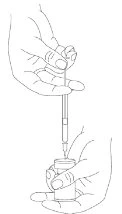 Two hands preparing a medication, one holding a glass vial while the other