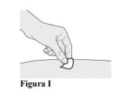 A hand applies a small white adhesive bandage to the skin surface in a medical diagram labeled Figure 1