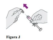 Two hands removing the protective cap from the needle of a syringe, with a purple arrow indicating the direction of movement