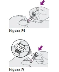 Two illustrations show hands holding a syringe with pink liquid for administration
