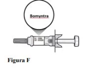 Technical drawing of a horizontal syringe labeled Bomyntra at the top