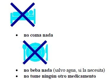 Icone azzurre con croce blu su un letto e un piatto con posate, accompagnate da scritte in spagnolo che indicano di non mangiare né bere nulla