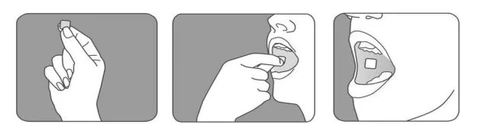 Three illustrations show a hand taking a tablet, placing it in the mouth, and holding it between the teeth for