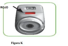 Gray medical device with a red button indicated by a black arrow and a small digital display showing the number 60 at the