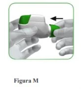Two hands holding a white and green medical device with a black arrow indicating an insertion movement to the left