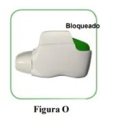White medical device with a green upper part displaying the word 'bloqueado' on a white background within a green border with label Figure O