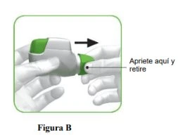 Two hands holding a white and green medical device with a black arrow indicating a sliding movement to the right