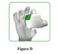 A gloved hand holding a white medical device with a green button on a white background and green border with the label Figure D
