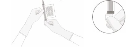 Two gloved hands holding and preparing a medical device, with a circular magnification showing a detailed view of the upper mechanism
