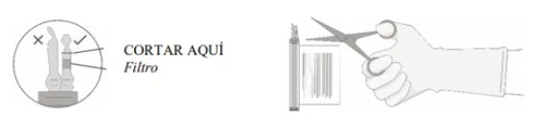 Illustration showing how to cut a vial with scissors along the marked line to separate the filter