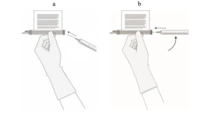 Two diagrams showing a gloved hand holding an injection pen while a syringe is moved towards or away with directional arrows