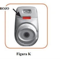 Gray medical device with a red button indicated by a black arrow and the number 60 displayed at the top on a white background