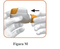 Two gloved hands holding a white and orange medical device with a black arrow indicating movement to the left