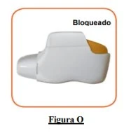 White medical device with an orange top framed by an orange border, with the text 'Bloqueado' at the top and 'Figure O' at the bottom