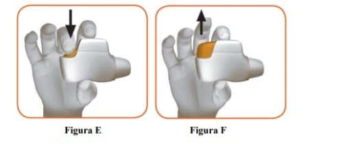 Two illustrations showing a hand holding a medical device with a black arrow pointing downward in figure E and toward the