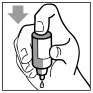 Una mano tiene verticalmente un flacone medico da cui cade una goccia di liquido verso il basso con una freccia che indica la direzione verso il basso