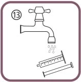 Линейный рисунок открытого крана с текущей водой, льющейся на шприц и цилиндрический контейнер рядом с цифрой 13 в кружке
